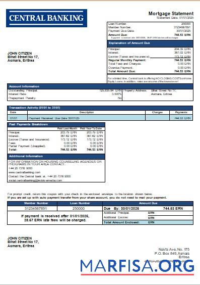 Printable Eritrea Central bank mortgage statement scr template